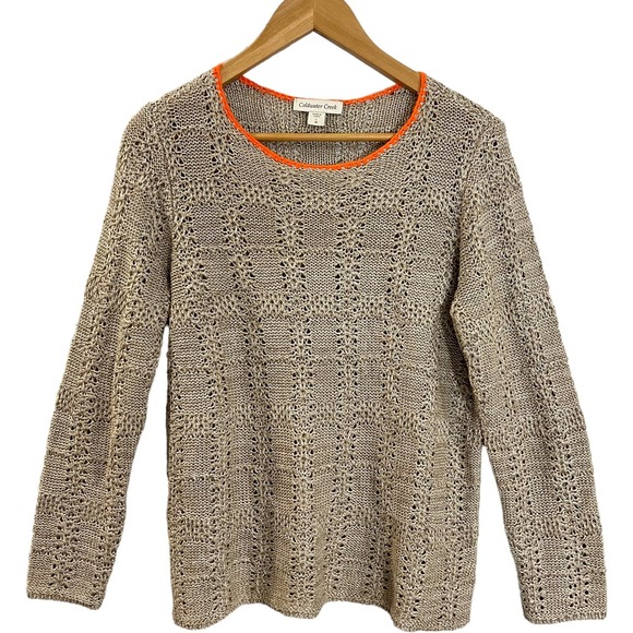 Coldwater Creek Knit Sweater‎ Beige Orange Trim Long Sleeve Open Weave Top - Picture 1 of 10